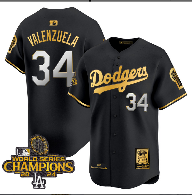 Men MLB Los Angeles Dodgers #34 Valenzuela black 2024 World Series Champions Patch Cooperstown Jersey->los angeles dodgers->MLB Jersey